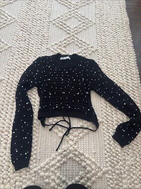 Zara Black Pearl-Studded Cropped Open Back Knit Sweater M